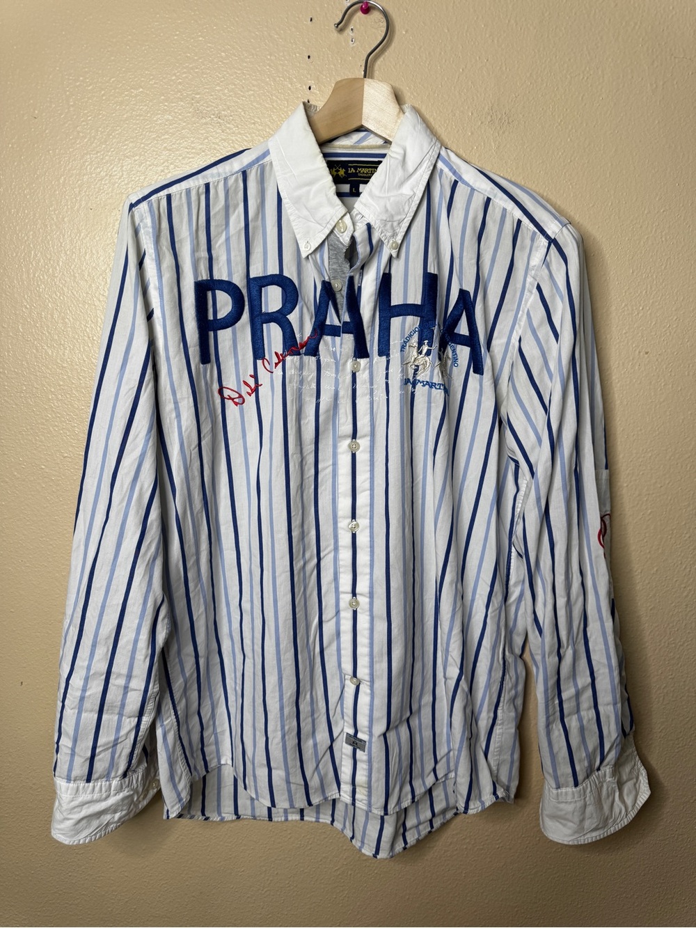 La Martina Saddlery Shirt Men Large Long Sleeve Button Front Stripe Embroidered